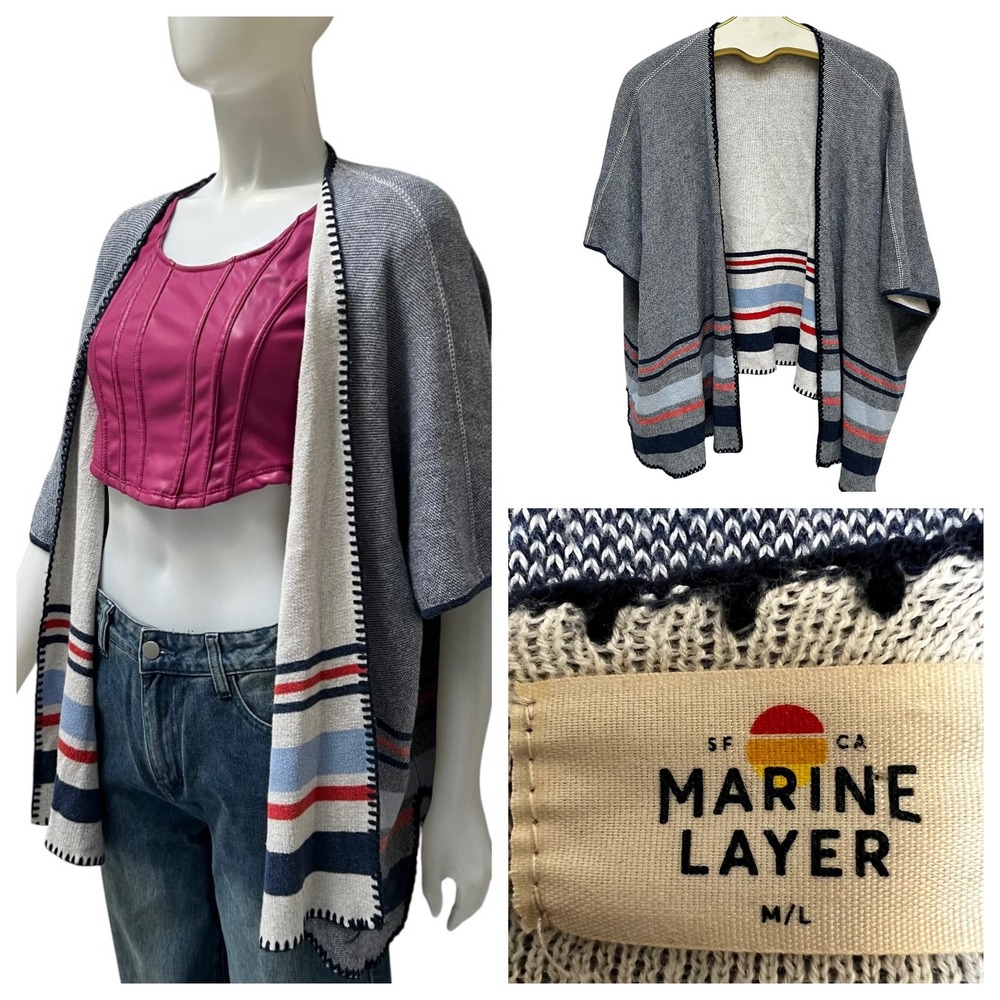 Marine Layer Striped Open Poncho‎ Cardigan Grey Blue Red Cotton M/L Costal Boho